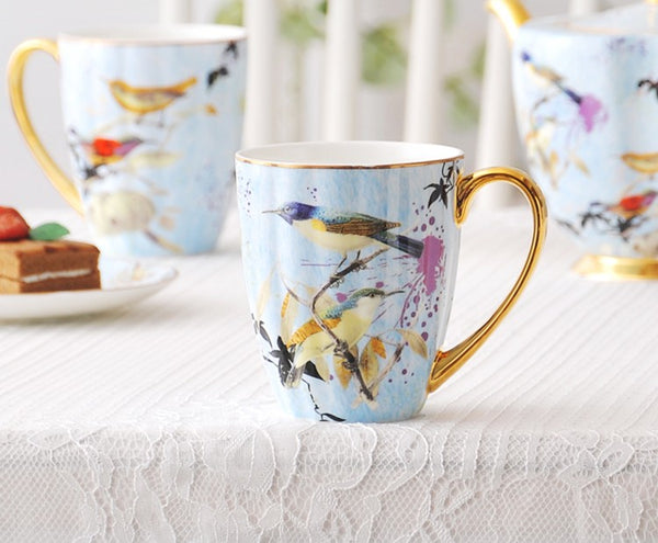 Large Creative Bone China Porcelain Mug, Elegant Blue Ceramic Coffee Mug, Beautiful Bird Flower Ceramic Mug, Large Capacity Ceramic Mugs for Office-Paintingforhome