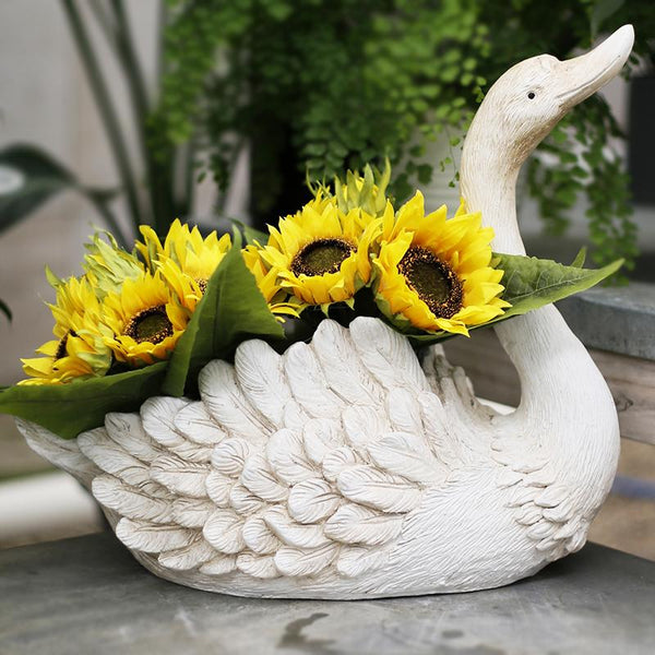 White Swan Flower Pot, Small Animal Statue for Garden Ornament, Swan Lovers Statues, Villa Courtyard Decor, Outdoor Decoration Ideas, Garden Ideas-Paintingforhome