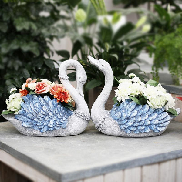 Large Blue Swan Flower Pot, Animal Statue for Garden Ornament, Swan Lovers Statues, Villa Courtyard Decor, Outdoor Decoration Ideas, Garden Ideas-Paintingforhome