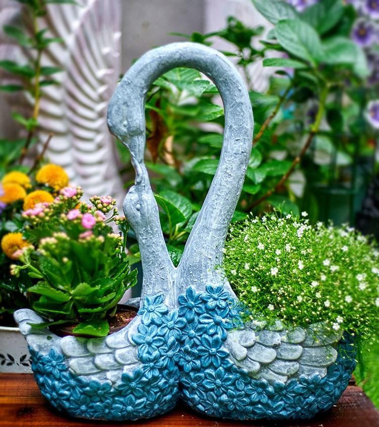 Large Mother and Baby Swans for Garden, Swan Flowerpot, Animal Statue for Garden Courtyard Ornament, Villa Outdoor Decor Gardening Ideas-Paintingforhome