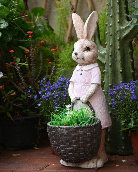 Large Rabbit Lovers Statue for Garden, Bunny Flowerpot, Garden Courtyard Ornament, Villa Outdoor Decor Gardening Ideas, Modern Garden Sculptures-Paintingforhome