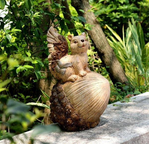 Large Squirrel with Pine Cones Statue for Garden, Animal Statue for Garden Ornament, Villa Outdoor Decor Gardening Ideas-Paintingforhome