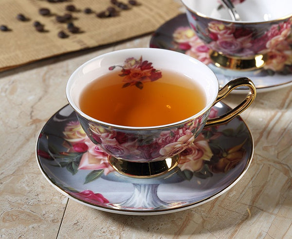 Ceramic Tea Cups and Saucers in Gift Box, Rose Flower Royal Bone China Porcelain Tea Cup Set, Elegant Ceramic Coffee Cups, Beautiful British Tea Cups-Paintingforhome