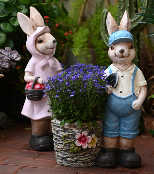 Garden Courtyard Ornament, Villa Outdoor Decor Gardening Ideas, Large Rabbit Lovers Statue for Garden, Bunny Flowerpot, Modern Garden Sculptures-Paintingforhome