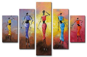 African Dancing Girl Painting, 5 Piece Acrylic Art, Abstract Painting, Extra Large Canvas Painting-Paintingforhome