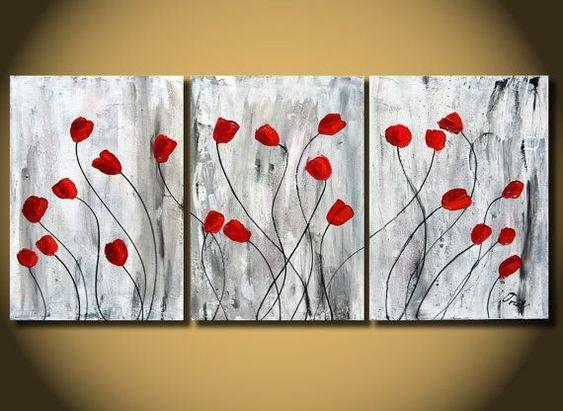 Red Poppy Flower Paintings, Acrylic Flower Painting, 3 Piece Painting, Modern Wall Art Painting-Paintingforhome