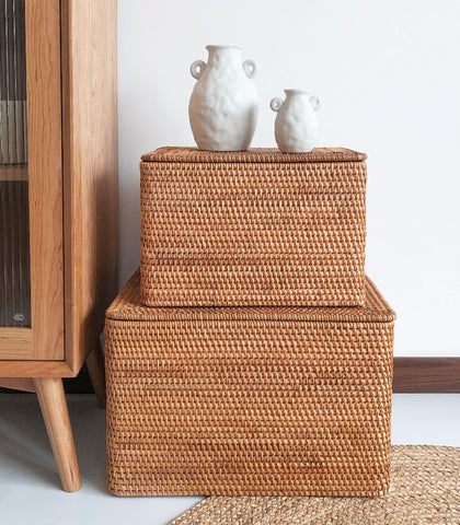 Extra Large Woven Rattan Storage Basket for Bedroom, Rattan Storage Baskets, Rectangular Woven Basket with Lid, Storage Baskets for Shelves-Paintingforhome