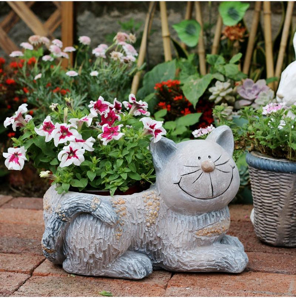 Large Cat Statue, Sitting Cat Flower Pot Statue, Pet Statue for Garden Courtyard Ornaments, Villa Outdoor Decor Gardening Ideas-Paintingforhome