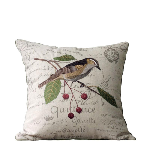 Decorative Throw Pillows for Couch, Bird Embroidery Pillows, Cotton and Linen Pillow Cover, Rustic Sofa Throw Pillows-Paintingforhome