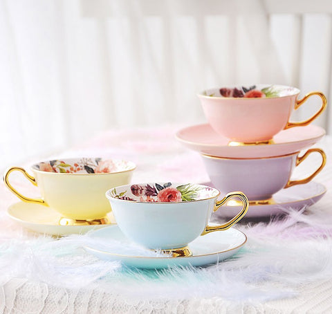 Royal Bone China Porcelain Tea Cup Set, Elegant Flower Pattern Ceramic Coffee Cups, Beautiful British Tea Cups, Unique Afternoon Tea Cups and Saucers in Gift Box-Paintingforhome