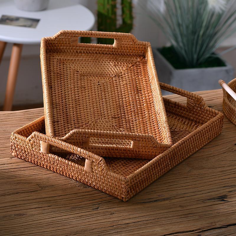 Rattan Bread Plate with Handle, Storage Baskets for Kitchen, Woven Storage Basket, Fruit Plate for Kitchen, Storage Baksets for Shelves-Paintingforhome