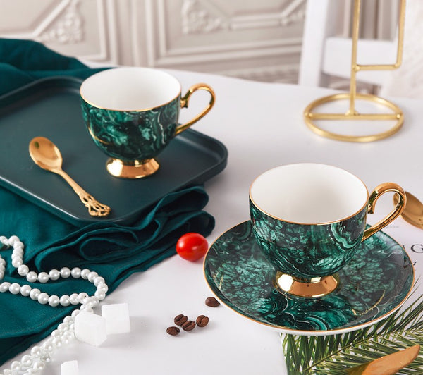 Beautiful British Green Tea Cups, Unique Porcelain Cup and Saucer, Royal Ceramic Coffee Cups, Creative Bone China Porcelain Tea Cup Set-Paintingforhome