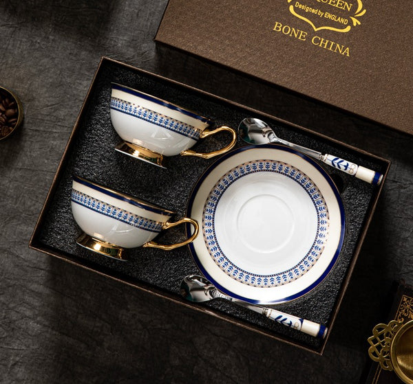 Blue Bone China Porcelain Tea Cup Set, Elegant British Ceramic Coffee Cups, Unique British Tea Cup and Saucer in Gift Box-Paintingforhome