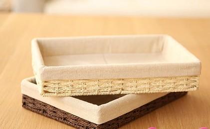 Woven Straw Storage Basket with Linen Lining, Storage Basket for Food, Rectangle Storage Basket for Kitchen-Paintingforhome