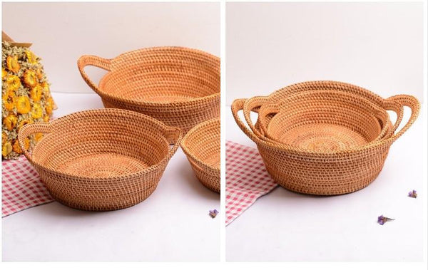 Woven Round Storage Basket, Storage Baskets for Kitchen, Rattan Storage Basket with Handle, Storage Basket for Dining Room, Set of 3-Paintingforhome