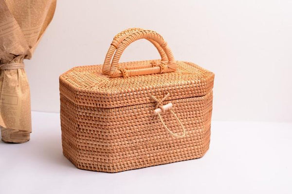 Rattan Wicker Serving Basket, Storage Baskets for Picnic, Kitchen Storage Baskets, Woven Storage Baskets with Lid-Paintingforhome