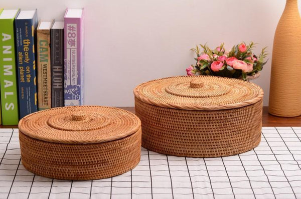 Woven Storage Basket with Lid, Large Rattan Storage Basket, Woven Round Basket for Kitchen-Paintingforhome