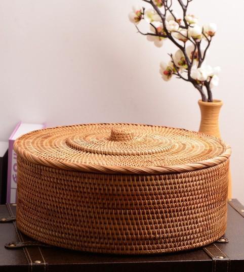 Woven Storage Basket with Lid, Large Rattan Storage Basket, Woven Round Basket for Kitchen-Paintingforhome