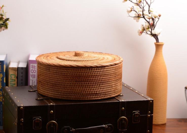 Woven Storage Basket with Lid, Large Rattan Baskets, Round Basket for Kitchen, Storage Baskets for Shelves-Paintingforhome