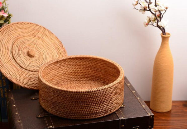 Woven Storage Basket with Lid, Large Rattan Baskets, Round Basket for Kitchen, Storage Baskets for Shelves-Paintingforhome