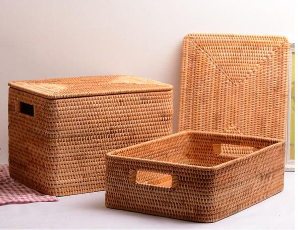 Laundry Storage Baskets for Bathroom, Rectangular Storage Baskets for Clothes, Wicker Storage Baskets for Shelves, Rattan Storage Baskets for Kitchen, Storage Basket with Lid-Paintingforhome