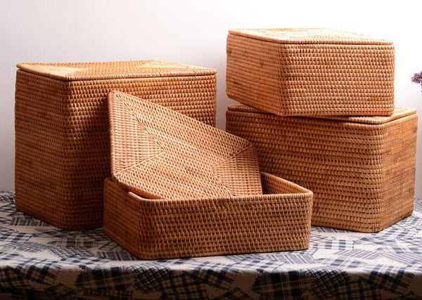 Storage Baskets with Lid, Rectangular Storage Baskets, Storage Baskets for Clothes, Pantry Storage Baskets, Rattan Woven Storage Basket for Bedroom-Paintingforhome