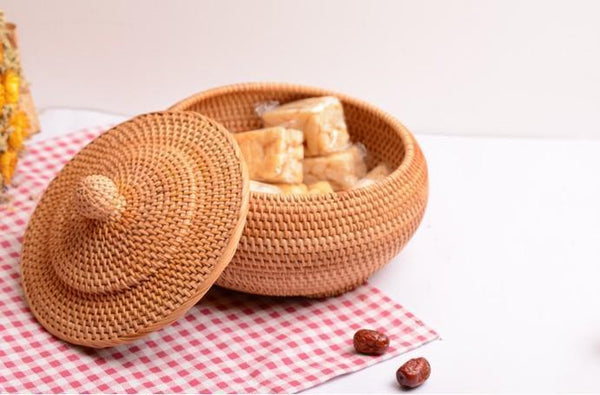 Round Storage Basket, Woven Storage Basket with Lid, Rattan Basket for Kitchen, Wicker Storage Basket-Paintingforhome