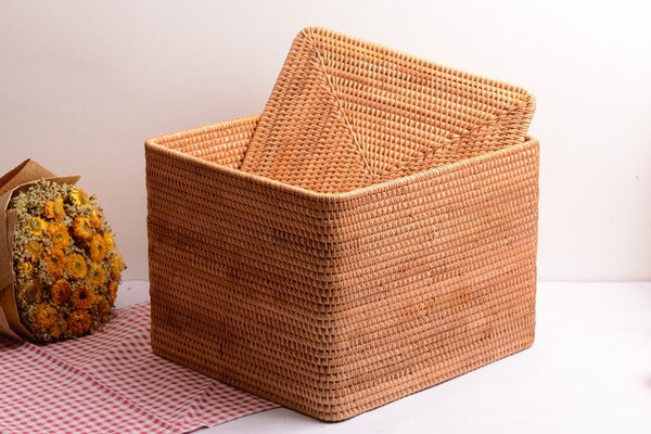 Extra Large Woven Rattan Storage Basket for Bedroom, Rattan Storage Baskets, Rectangular Woven Basket with Lid, Storage Baskets for Shelves-Paintingforhome