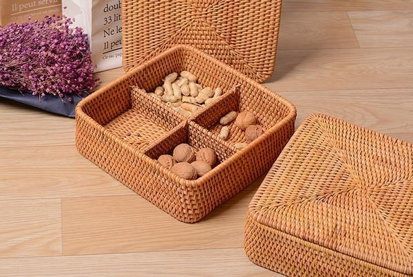 Storage Basket with Lid, Rattan Square Basket, Storage Basket with Lid, Kitchen Storage Baskets-Paintingforhome