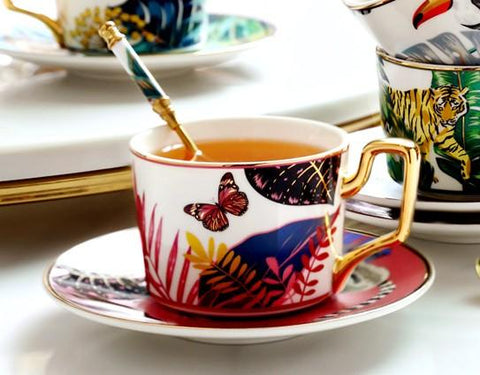 Butterfly Pattern Porcelain Coffee Cups, Coffee Cups with Gold Trim and Gift Box, Tea Cups and Saucers-Paintingforhome