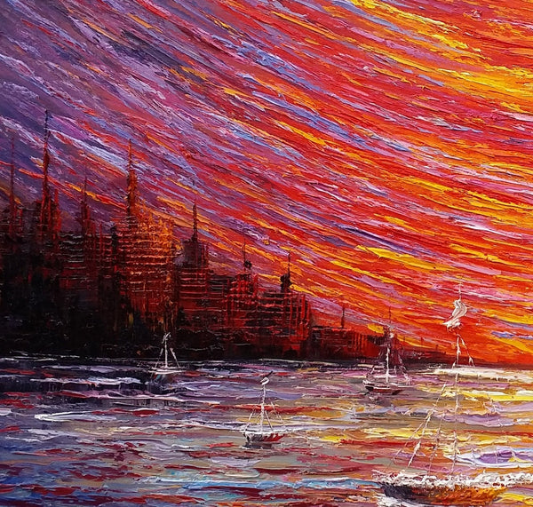 Landscape Painting, Large Art, Canvas Art, Wall Art, Custom Abstract Artwork, Canvas Painting, Modern Art, Oil Painting, Boat on the River 210-Paintingforhome