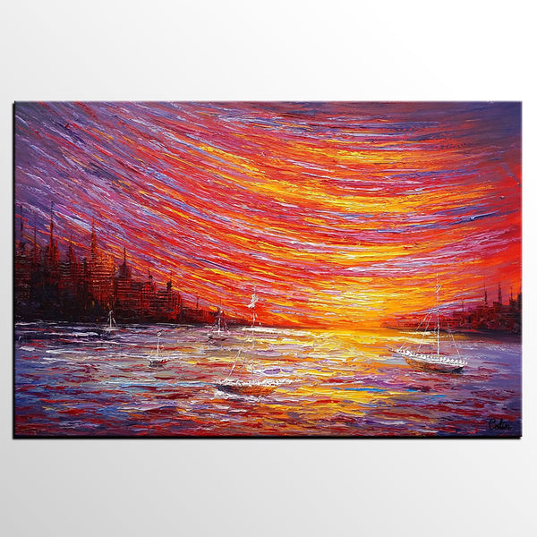 Landscape Painting, Large Art, Canvas Art, Wall Art, Custom Abstract Artwork, Canvas Painting, Modern Art, Oil Painting, Boat on the River 210-Paintingforhome