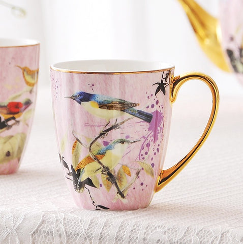 Elegant Pink Ceramic Coffee Mug, Beautiful Bird Flower Ceramic Mug, Large Creative Bone China Porcelain Mug, Large Capacity Ceramic Mugs for Office-Paintingforhome