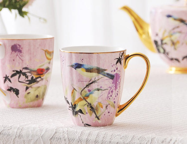 Elegant Pink Ceramic Coffee Mug, Beautiful Bird Flower Ceramic Mug, Large Creative Bone China Porcelain Mug, Large Capacity Ceramic Mugs for Office-Paintingforhome
