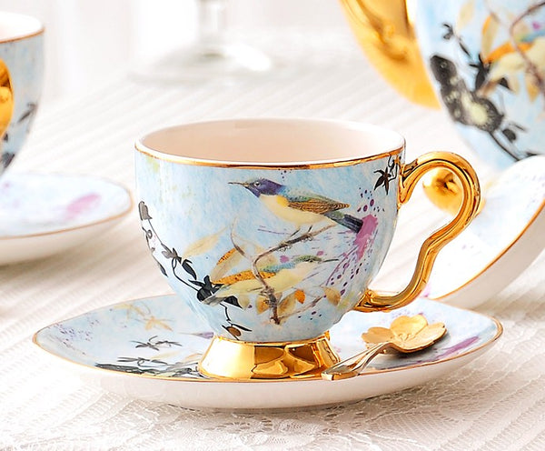 Elegant Ceramic Coffee Cups, Unique Bird Flower Tea Cups and Saucers in Gift Box as Birthday Gift, Beautiful British Tea Cups, Royal Bone China Porcelain Tea Cup Set-Paintingforhome