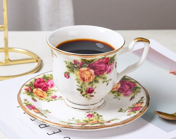 Beautiful British Flower Tea Cups, Unique Porcelain Cup and Saucer, Elegant Ceramic Coffee Cups, Creative Bone China Porcelain Tea Cup Set-Paintingforhome