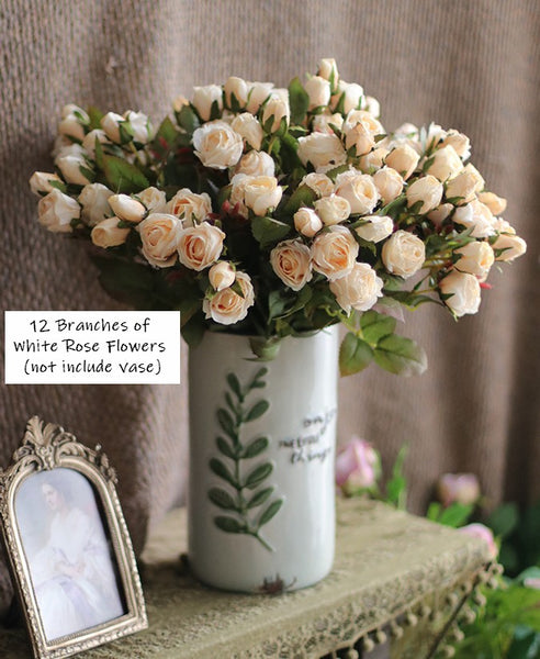 Wedding Artificial Flowers, 12 Branches of White Rose Flowers, White Rose Flower in Vase, Real Touch Flowers, Simple Flower Arrangement Ideas for Home Decoration-Paintingforhome