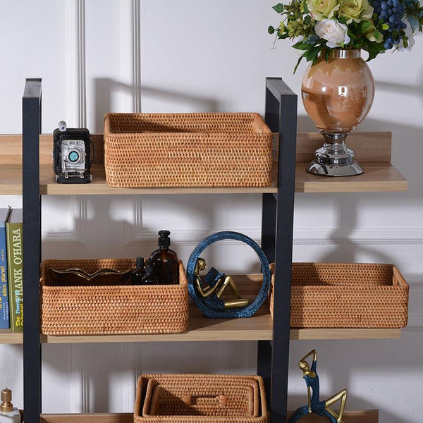 Large Woven Rattan Storage Basket, Rectangular Basket with Handle, Storage Baskets for Living Room-Paintingforhome