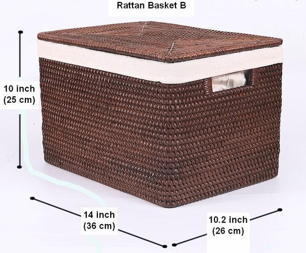 Storage Baskets for Clothes, Large Brown Rattan Storage Baskets, Storage Baskets for Bathroom, Rectangular Storage Baskets, Storage Basket with Lid-Paintingforhome
