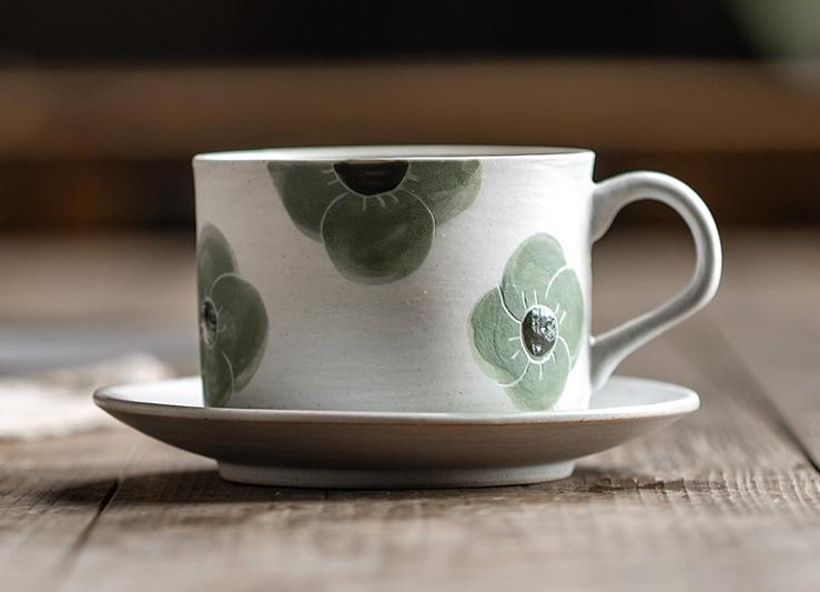 Cappuccino Coffee Cup, Spring Flower Coffee Cup, Rustic Tea Cup, Pottery Coffee Cups, Coffee Cup and Saucer Set-Paintingforhome