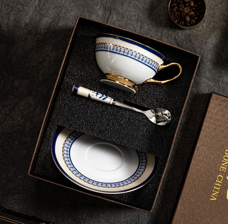 Elegant British Ceramic Coffee Cups, Unique British Tea Cup and Saucer in Gift Box, Blue Bone China Porcelain Tea Cup Set-Paintingforhome