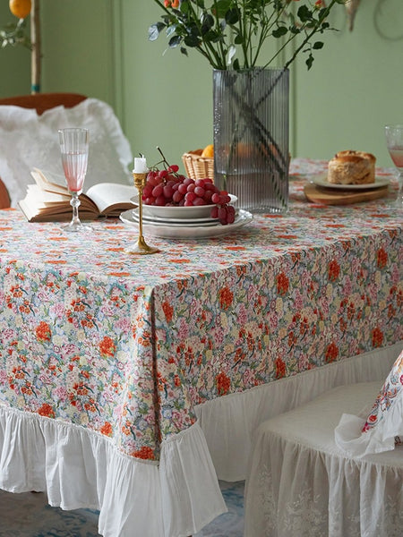 Extra Large Rectangle Tablecloth for Dining Room Table, Natural Spring Flower Farmhouse Table Cloth, Flower Pattern Cotton Tablecloth, Square Tablecloth for Round Table-Paintingforhome