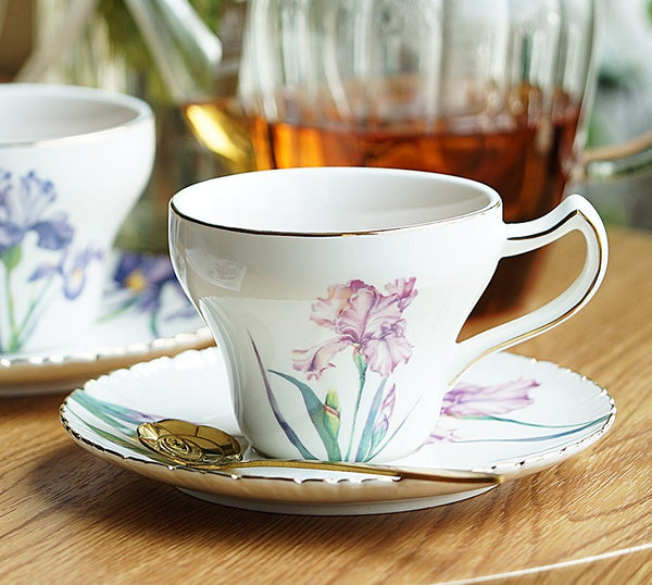 Iris Flower British Tea Cups, Beautiful Bone China Porcelain Tea Cup Set, Traditional English Tea Cups and Saucers, Unique Ceramic Coffee Cups in Gift Box-Paintingforhome