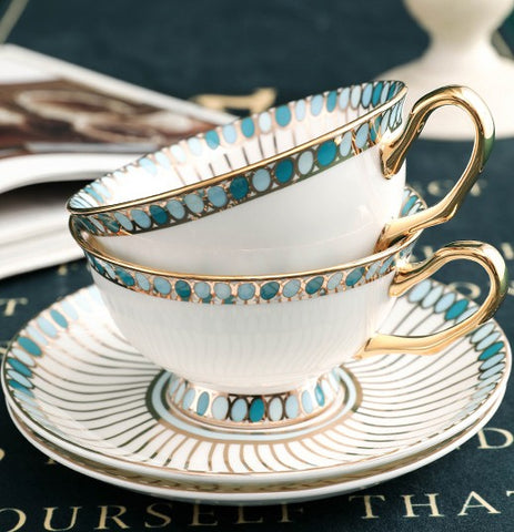 Unique Tea Cup and Saucer in Gift Box, Elegant British Ceramic Coffee Cups, Bone China Porcelain Tea Cup Set for Office, Green Ceramic Cups-Paintingforhome