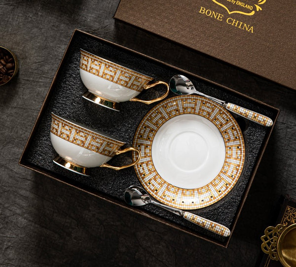 Bone China Porcelain Tea Cup Set for Office, Yellow Ceramic Cups, Elegant British Ceramic Coffee Cups, Unique Tea Cup and Saucer in Gift Box-Paintingforhome