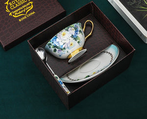 Elegant British Ceramic Coffee Cups, Unique Tea Cup and Saucer in Gift Box, Royal Bone China Porcelain Tea Cup Set, Rose Flower Pattern Ceramic Cups-Paintingforhome