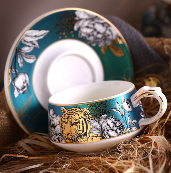 Handmade Ceramic Cups with Gold Trim and Gift Box, Jungle Tiger Cheetah Porcelain Coffee Cups, Creative Ceramic Tea Cups and Saucers-Paintingforhome
