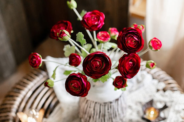 Bedroom Flower Arrangement Ideas, Red Ranunculus Asiaticus Flowers, Simple Modern Floral Arrangement Ideas for Home Decoration, Spring Artificial Floral for Dining Room-Paintingforhome