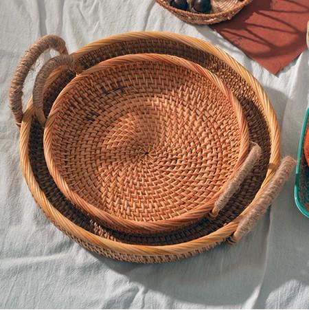 Rattan Storage Basket with Handle, Small Storage Baskets, Round Straoge Basket, Woven Storage Baskets for Kitchen-Paintingforhome