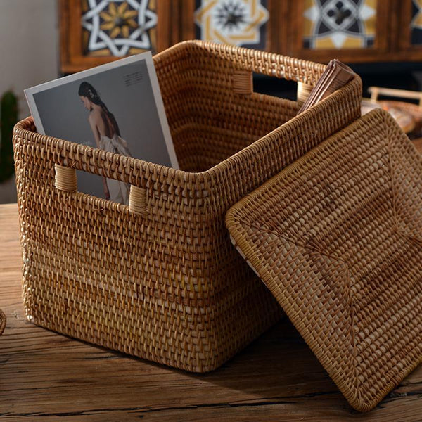 Rectangular Storage Basket with Lid, Rattan Storage Basket for Shelves, Extra Large Storage Baskets for Bedroom, Storage Baskets for Clothes-Paintingforhome